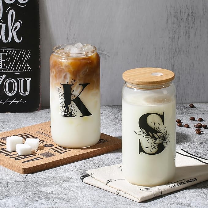 AYGXU Personalized gifts for bridesmaid,16oz glass cups with lids and straws,Jewelry Organizer,Graduation Travel Gifts for Women,Personalized Travel Mini Jewelry Case,Initial X white