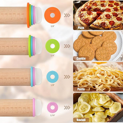 Adjustable Rolling Pin with Thickness Rings - 14 INCH Wood Dough Roller for Perfect Baking, Fondant & Cookies Ideal Rolling Pin for Dough & Cookie Decorating Supplies