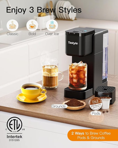 Single Serve Hot & Iced Coffee Maker with Strong Brew, 40oz Removable Reservoir, 6 Brew Sizes, Compatible with K Cup and Grounds, Compact for Home, Office, RV and Dorm, Black (2.0 Version)