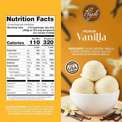 Triple Scoop - Premium Vanilla Ice Cream Mix For Ice Cream Maker. Simple, Easy, Delicious. From Gourmet Mix To Maker in 5 Minutes, Makes 2 Creamy Quarts. Made in USA. (1 Pack, Vanilla)