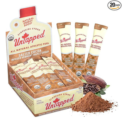 UnTapped Salted Cocoa Infused Vermont Maple Syrup Packets for Athletes, Box of 20-1 fl oz Each | Pure Maple Syrup with Rich Cocoa Extract and Sea Salt | Fuel to Keep You Running Longer