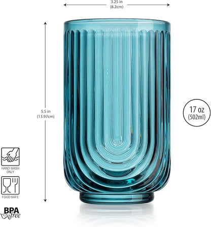 Glaver's Vintage Glassware Art Deco Highball Glasses Set of 4 Blush Ribbed Drinking Glasses 17 Oz U-Shape Arch Design Colored Cocktail Kitchen Tumblers Everyday Dinner Decorative Party, Blue