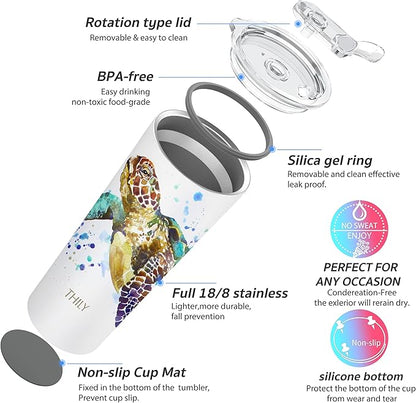 THILY Stainless Steel Vacuum Insulated Tumbler Travel Mug 26 oz Coffee Cup with 2 Lids and Straws, Splash Proof, Keep Ice Drinks Cold, Sea Turtle