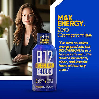 B12 Overload Extra Strength Energy Shot – Mixed Berry – 260mg Caffeine, 14000% B12, Electrolytes – Energy & Vitality Support – Zero Sugar No Calories – Vegan, Kosher, Gluten-Free – 1.93 fl oz, 48-Pack