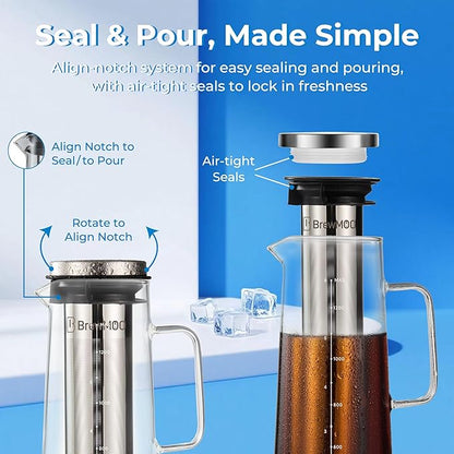Cold Brew Coffee Maker (1.4L/48oz) - Sleek Borosilicate Glass Pitcher with 100um 304 Stainless Steel Filter, Non-Slip Base & Airtight Lid, Effortless Manual + Recipes for Beginner (Black)
