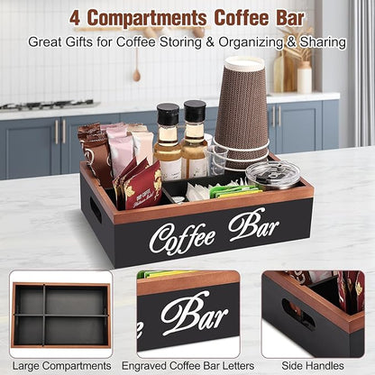 Wooden Coffee Organizer Holder with Divided Sections & Cutout Handle, Farmhouse Coffee Bar Organizer for Pods, Cups, Lids, Syrups, Stirrers & Accessories – Ideal Gift for Home or Office