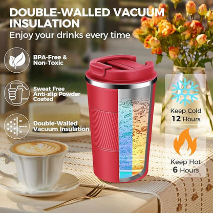 Volhoply 13 oz Stainless Steel Insulated Travel Coffee Mug with Fip Lid,Reusable Double Wall Vacuum Metal Coffee Cup,Portable to Go Leak Proof Cafe Thermal Tumbler for Hot & Cold Drinks(Red,1)