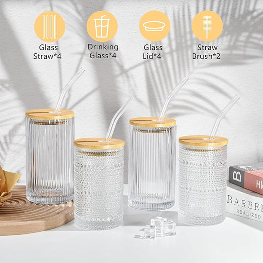 13 oz Drinking Glasses Set of 4 with Bamboo Lids Straws Hobnail Boho Glassware Set Vintage Glass Cups Embossed Iced Coffee Cup for Beer Cocktail Beverage(Hobnail)