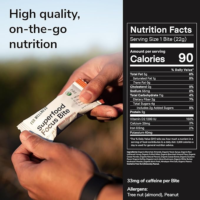 For Wellness Superfood Focus Bites (20 Count), Cocoa Espresso Brownie – Reduces Fatigue, Improves Digestion & Support Brain Function