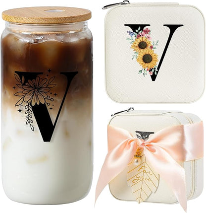 AYGXU Initial glass cups with lids and straws,Small Jewelry Box for Girls,Small Jewelry Organizer Box,Cute Tumbler Cup,Travel Gifts for Women,Travel Essentials, Initial V white
