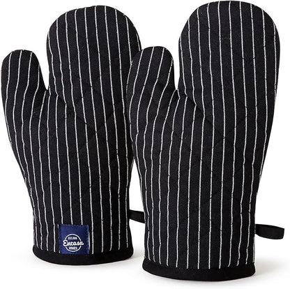 Encasa Homes Long 12" Oven Microwave Hand Gloves Mitts (2 pc Set) for Kitchen Cooking & Baking - Heat Resistant, Thick & Safe, Protection of Hands from Hot Utensils - Butcher Stripes Black