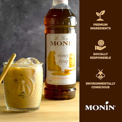 Monin - Honey Syrup, Smooth Sweet Honey Flavor, Great for Teas, Lemonades, Cocktails, & Coffee, Gluten-Free, Non-GMO (1 Liter)