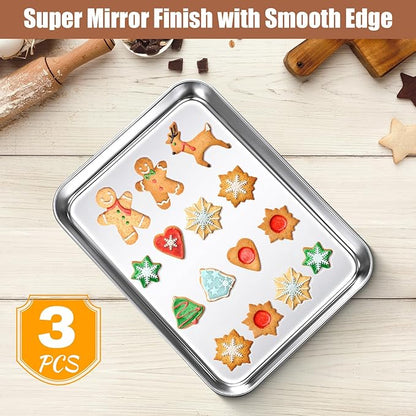 3 Pcs Baking Sheet Pan Set 9 x 6.7 x 1 Inches Cookie Sheet Small Toaster Oven Stainless Steel Tray Barbecue Grill Rectangle Trays, Non-stick, Easy Clean