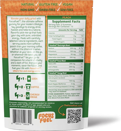 FocusFuel Energy Chews – Peach Flavor (15 Servings) – 100mg Caffeine + Alpha GPC+ L-Theanine + B12, Magnesium – Smooth Focus & Energy – No Crash or Jitters