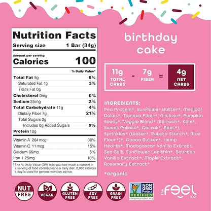 Feel Bar Minis – Kids Protein Bars | Birthday Cake | 10g Plant Protein | 100 Calories | No Added Sugar | + Daily Veggies | Gluten Free, No Nuts, No Soy, No Dairy, No Grains (12 Pack)