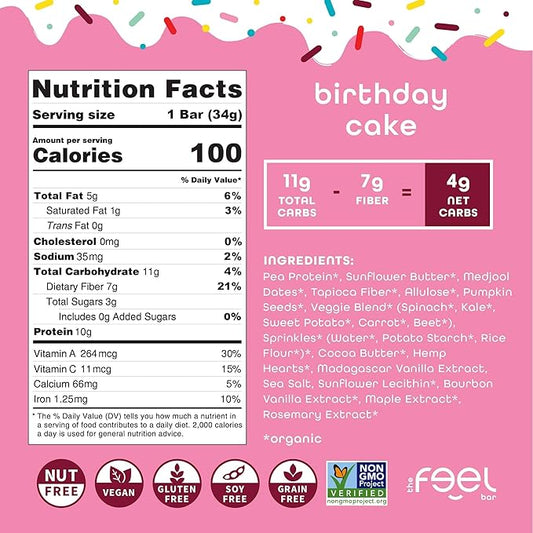 Feel Bar Minis – Kids Protein Bars | Birthday Cake | 10g Plant Protein | 100 Calories | No Added Sugar | + Daily Veggies | Gluten Free, No Nuts, No Soy, No Dairy, No Grains (12 Pack)