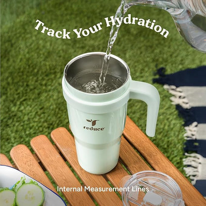 REDUCE 24 oz Stainless Steel Tumbler with Handle - Dual-Wall Vacuum Insulated Travel Mug, Sweat-Proof Lid & Reusable Straw - Keeps Drinks Cold for 24 Hrs, Fits Cupholders, Dishwasher Safe - Sea Glass