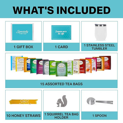 Tea Gifts for Women – Sampler Gift Basket with 15 Unique Blends, Honey Sticks, Stainless Tumbler & Gift-Ready Box (White)