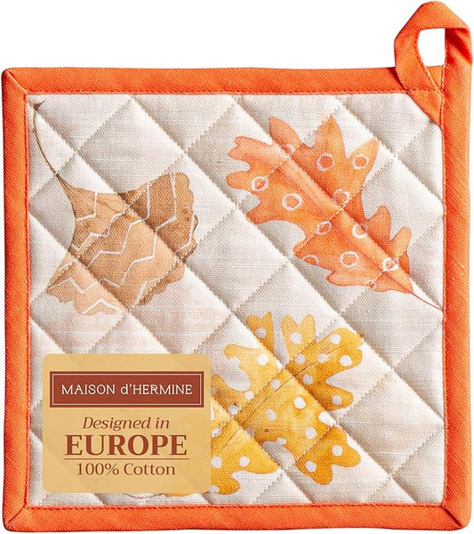 Maison d' Hermine Pot Holders 100% Cotton Heat Resistant Potholders 8" x 8" Hot Pads with Loop BBQ, Cooking, Baking, Grilling, Kitchen, Handling Hot Pans (Pack of 1, Colors of Autumn)