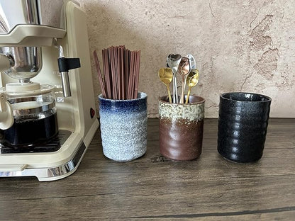 Stoneware Coffee Bar Utensil Holder Tea & Coffee Spoon & Stirrer Holder for Stir Stick Straw Teaspoon Holder Spoon Cup Small Utensil Jar (Retro Rustic Brown)