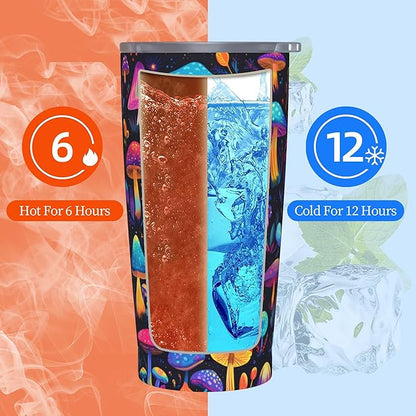 Mushroom Tumbler with Lid and Straw 20oz Coffee Tumblers Leakproof Stainless Steel Travel Mug Vacuum Insulated Cup for Iced and Hot