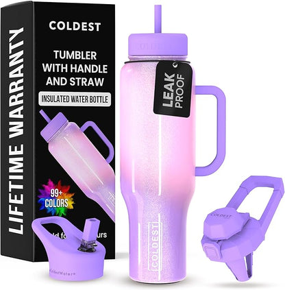 Coldest 40 oz Tumbler with Handle and Straw - 100% Leak Proof Insulated Tumbler with Lid and Straw (3 Lids) - Stainless Steel Tumblers for Women & Men - Cup Holder Friendly Base, 46 oz (Unicorn)
