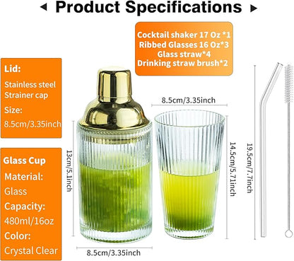 Glass Cocktail Shaker Set with Ribbed Glassware, Lids, and Straws - Elegant Bartender Kit for Whiskey, Cocktails - Dishwasher Safe, Perfect Home Bar Accessory (Glass Shaker + 3 Ribbed Glasses)