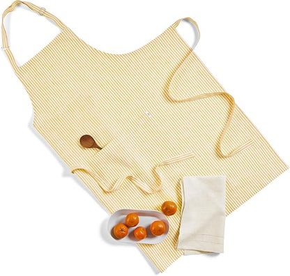 Solino Home 100% Pure Linen Apron for Women & Men - Spicy Mustard and White Stripe Full Midi Bib Apron, Adjustable Neck Strap with Center Pockets for Kitchen, Chef - Handcrafted from European Flax