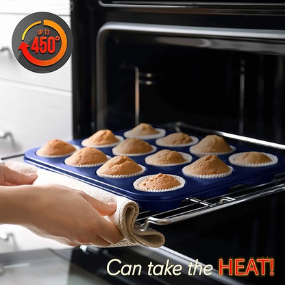 NutriChef 12-cup Blue Oven Muffin Pan, Non-Stick Coated Layer Surface, Even Heating Muffin Tray for Muffins, Cupcakes, Pastries & Mini Pies, Used for Model Number NCBK6TR