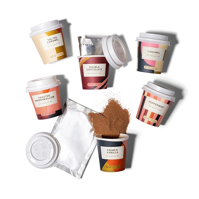 Bombombs Hot Chocolate Mix Gift Set in Mini Cup Packaging, Flavors Include Double Chocolate, French Vanilla, Peppermint, Salted Caramel and More, Set of 6