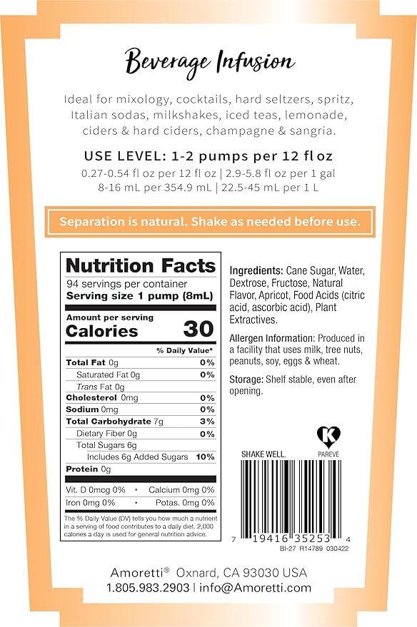 Amoretti - Armenian Apricot Beverage Infusion, 94 Servings Per Bottle (750 ml) - Drink Mix & Water Enhancer with Pump for Flavoring Cocktails, Waters, Teas, and other Beverages, Preservative Free