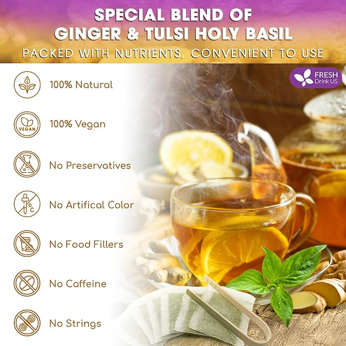 FreshDrinkUS Premium 75 Ginger Tulsi Tea Bags, 100% Natural, Hand-made Blend of Ginger and Tulsi Holy Basil Leaves, Eco-conscious Tea Bags. No Sugar, No Caffeine, Vegan