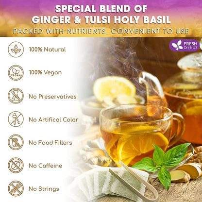 FreshDrinkUS Premium 75 Ginger Tulsi Tea Bags, 100% Natural, Hand-made Blend of Ginger and Tulsi Holy Basil Leaves, Eco-conscious Tea Bags. No Sugar, No Caffeine, Vegan