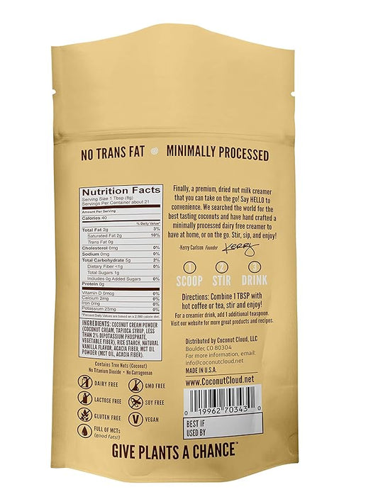 Coconut Cloud: Dairy-Free Coffee Creamer | Minimally Processed, Shelf Stable. Made from Coconut Powdered Milk. | Vegan, Gluten Free, Non-GMO. (Home, Office, Travel), Creamers (Vanilla Pouch)