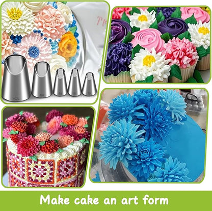 Suuker Rose Flower Piping Tips Set, Stainless Steel Chrysanthemum Nozzles, Crinkle Cream Laminating Nozzle Cupcake Pastry Tool For Decorating Cake Tulip Pastry Nozzle Baking Forms Pastry (5 Pieces)