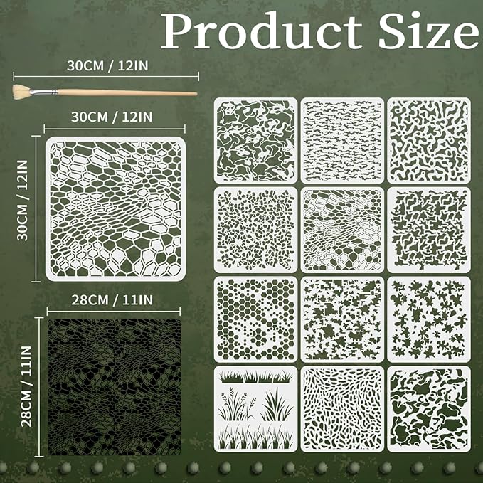 12PCS Camo Stencils for Spray Paint 12 x 12 Inch Camouflage Pattern Stencils with Brushes Grass Pattern Stencil Reusable Camo Stencil for Painting Wood Boat DIY Crafts Spray Painta