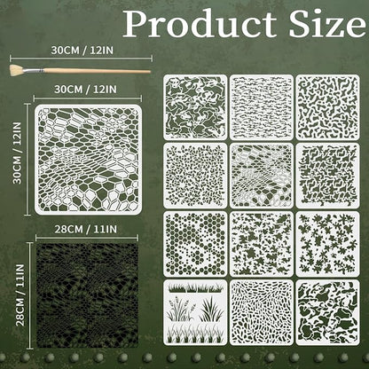 12PCS Camo Stencils for Spray Paint 12 x 12 Inch Camouflage Pattern Stencils with Brushes Grass Pattern Stencil Reusable Camo Stencil for Painting Wood Boat DIY Crafts Spray Painta
