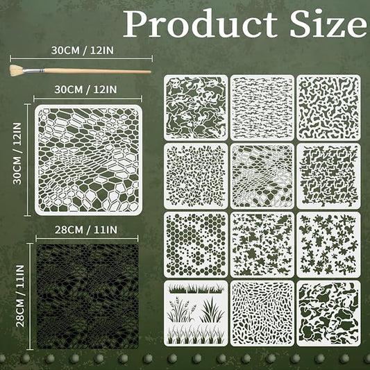 12PCS Camo Stencils for Spray Paint 12 x 12 Inch Camouflage Pattern Stencils with Brushes Grass Pattern Stencil Reusable Camo Stencil for Painting Wood Boat DIY Crafts Spray Painta