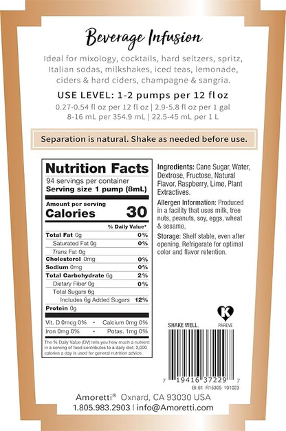 Amoretti - Raspberry Lime Beverage Infusion, 94 Servings Per Bottle (750 ml) - Drink Mix & Water Enhancer with Pump for Flavoring Cocktails, Waters, Teas, and other Beverages, Preservative Free