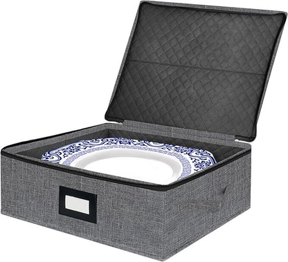 Platter Storage Case - Stackable China Storage Containers Hard Shell with Durable Zipper & Label & Sturdy Handles, 5.3” Height, Structured Top, 4 Felt Dividers Included (Dark Gray)