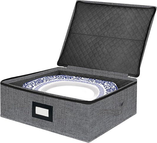 Platter Storage Case - Stackable China Storage Containers Hard Shell with Durable Zipper & Label & Sturdy Handles, 5.3” Height, Structured Top, 4 Felt Dividers Included (Dark Gray)