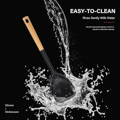 Silicone Cooking Utensils Set, Heat Resistance Large Kitchen Utensils Set with Long Wooden Handle, BPA-free Silicone Spatula, 6 Pcs Cooking Spoons for Non Stick Frying Pans and Pots（Black）
