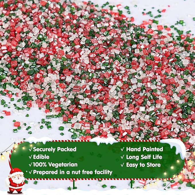 Christmas Sanding Sugar Sprinkles,150g/5.3oz,Edible Red Green and White Sprinkle for Cake Decorating,Colored Crystals Sprinkle Mix for Cookies,Ice Cream,Fondant Cake,Caramel Apples,Cupcakes Decoration Topper,Desserts,Wedding Birthday Christmas Thanksgi...
