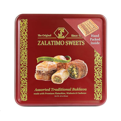 Zalatimo Sweets Since 1860 Shortbread Cookies Variety Pack, 100% All Natural Slightly Sweet, Square Metal Gift Tin, No Corn Starch, No Syrups! Assorted Baklava, Mamoul, Sesame & Butter (Pack of 3)