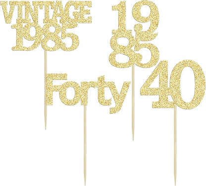 Gyufise 24Pcs Happy 40th Birthday Cupcake Toppers Glitter Forty 40 Fabulous Vintage 1985 Cake Toppers for 40th Birthday Wedding Anniversary Party Cake Decorations Supplies Gold