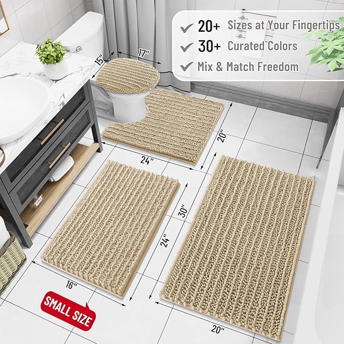 Arotive Luxury Chenille Bathroom Rug Mat, Extra Soft Thick Absorbent Shaggy Bath Rugs, Non-Slip Machine Wash Dry, Plush Bath Mats for Bathroom, Shower and Tub, 60x24, Beige