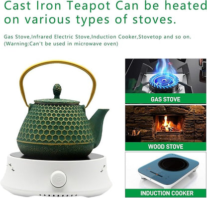 Cast Iron Tea Kettle Set, 33.8oz Hexagon Pattern Teapot Set with Cups, Teapot Coated with Enameled Interior, Durable Cast Iron Teapot Set with Stainless Steel Infuser