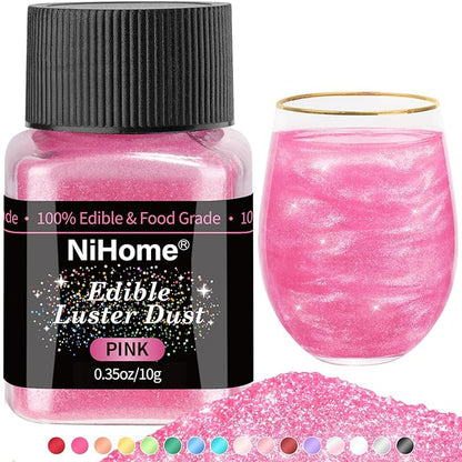 NiHome Edible Food-Grade Glitter Powder Glimmer Luster Dust Metallic Fancy Food Decorating Sprinkle Glimmery Dust for Drink Wine Beverage Cake Bakery Vegan Allergen-Free (Pink, 0.35oz/10g)