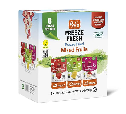 Pol’s Freeze Fresh - 6 Pack Freeze-Dried Fruit Mix – Whole Strawberry, Sliced Apple, Strawberry-Banana (1 Oz x6), No Sugar, Non-GMO, Kosher, Vegan, Gluten-Free