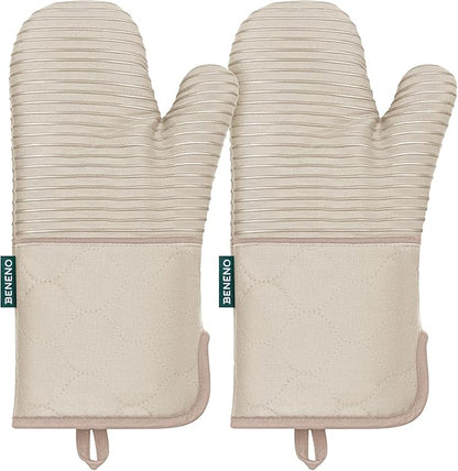 Beneno Kitchen Oven Mitts 2-Pack Heat Resistant to 500°F with Non-Slip Silicone Grip, Extra Long 14.3" Forearm Protection, Soft Quilted Cotton Terry Lining, Ideal for Cooking, Baking, Grilling, Beige